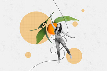 Collage picture of mini black white colors girl fly hang tied string arm hold big tangerine branch...