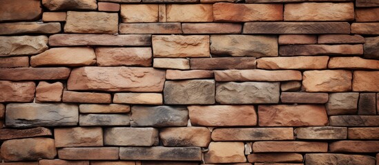Fototapeta premium A detailed closeup of a brown brick wall showcasing a variety of brick types and building materials such as stone, wood, composite materials and rocks in a rectangular pattern of brickwork