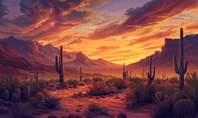 Zelfklevend Fotobehang Sunset in the Desert A Cactus-Filled Scene with a Hazy Sky Generative AI © Bipul Kumar