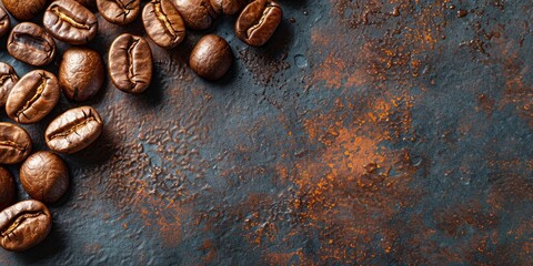 Roasted coffee beans on rusty background. Top view with copy space