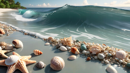 Seashells on the shore and sea waves - obrazy, fototapety, plakaty