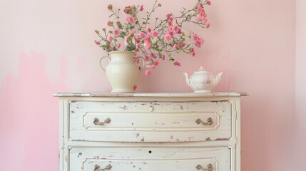 A white dresser displaying a delicate arrangement of pink flowers on top