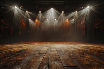 3D rendering of an empty stage with a wood floor and spotlights - obrazy, fototapety, plakaty