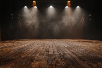 3D rendering of an empty stage with a wood floor and spotlights - obrazy, fototapety, plakaty