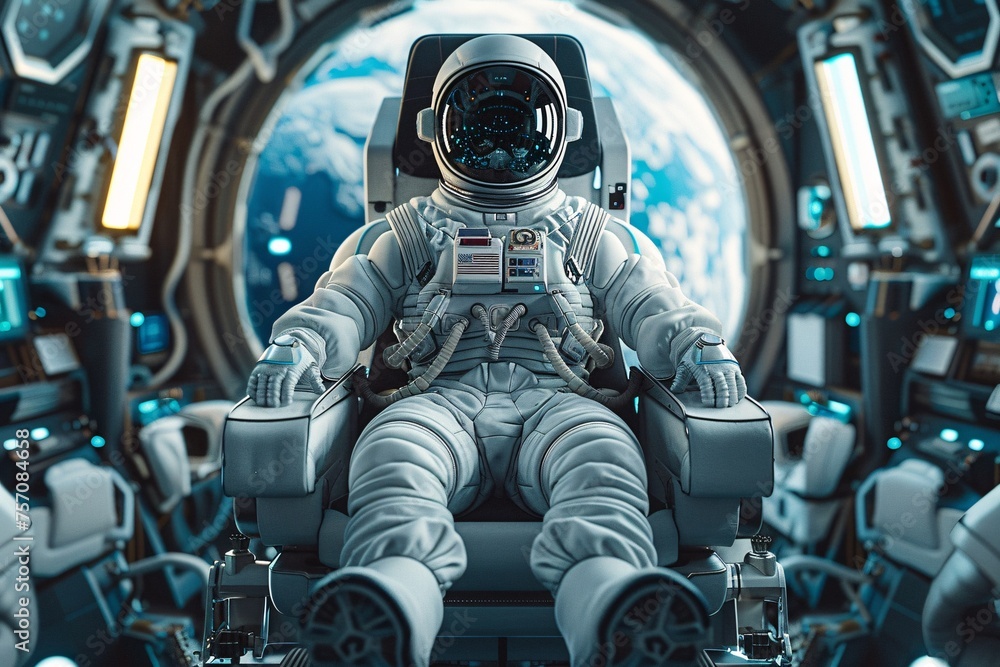 Poster Astronaut in Space Suit Relaxing in Spacecraft Generative AI
