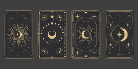 Set tarot frame border with golden celestial elements, esoteric astrology mystery ornament with moon, star isolated on dark background.