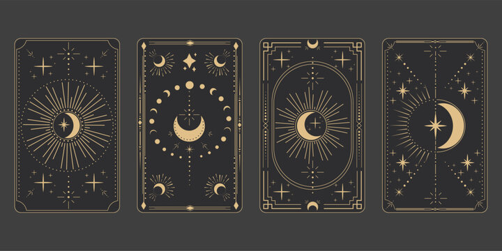 Set Tarot Frame Border With Golden Celestial Elements, Esoteric Astrology Mystery Ornament With Moon, Star Isolated On Dark Background.