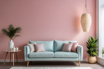 decor ideas in a living room for balanced and peaceful with Ona a pastel light colour  background, Front Angle Shot, Lighting and Shadow from the window, Commercial Photography concept, negative