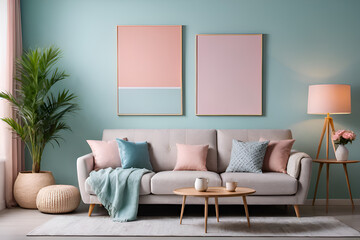 decor ideas in a living room for balanced and peaceful with Ona a pastel light colour  background, Front Angle Shot, Lighting and Shadow from the window, Commercial Photography concept, negative