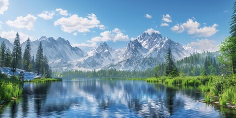 July Sky A Serene Mountain Lake Scene Generative AI - obrazy, fototapety, plakaty
