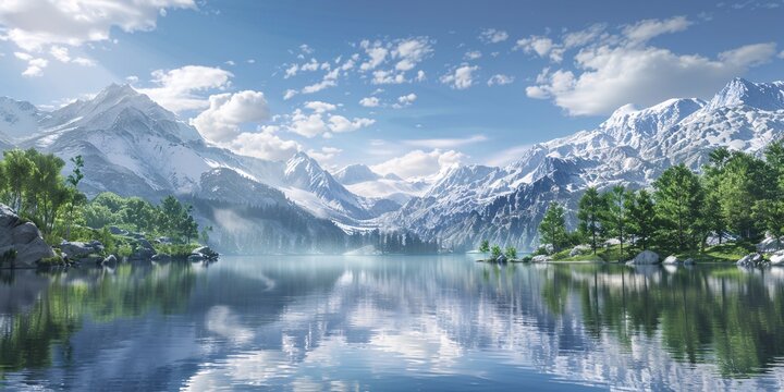 July Sky A Serene Mountain Lake Scene Generative AI
