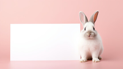 Easter bunny holding Empty white board mockup on pastel pink background with copy space