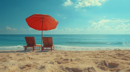 Crédence de cuisine en verre imprimé Turquoise Beach chairs and pink umbrella on the tropical beach