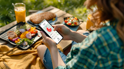 A person uses smartphone applicaton to track calories and manage diet. Technology, app, for maintaining a healthy lifestyle. - obrazy, fototapety, plakaty