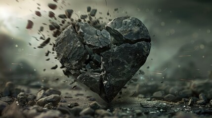 Shattered Stone Heart Depicting Heartbreak and Emotional Numbness in Dark Lonely Setting