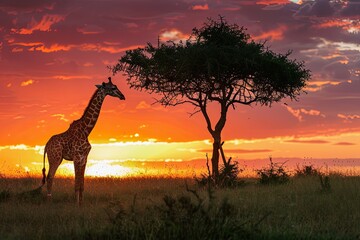 Fototapeta na wymiar A baby giraffe nibbling on the leaves of a tall acacia tree at sunset