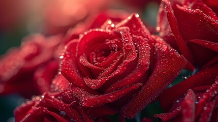 A Macro photograph of vibrant red roses with dewdrops glistening on their delicate petals, Generative ai.