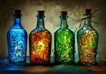 Glowing Bottles of the Month A Colorful Display of Vases and Bottles Generative AI - obrazy, fototapety, plakaty
