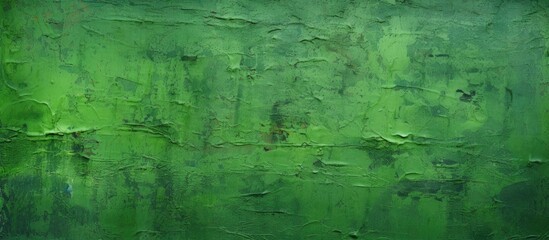 A green wall covered in water stains, featuring a pattern of terrestrial plants such as grasses,...