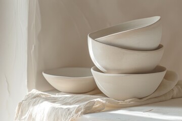 A set of ceramic bowls stacked on a neutral-toned table symbolizing home and simplicity