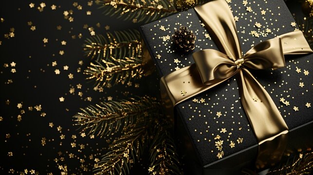 Golden Gift Wrapped in Black A Festive Present for the Holidays Generative AI