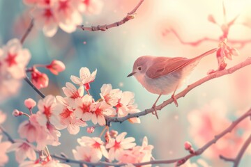 Fototapeta premium Beautiful spring bright natural background with soft pink sakura flowers and a bird.