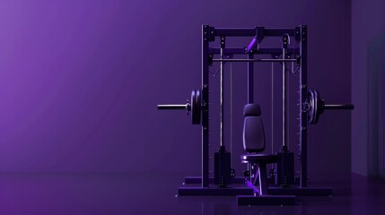A purple and black gym equipment stands in a dimly lit room