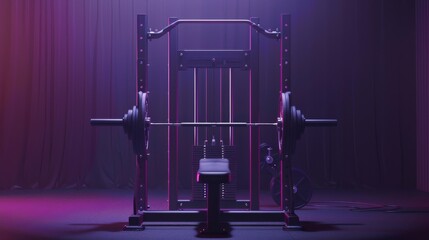 A purple and black squat machine in a dramatic, shadowy setting