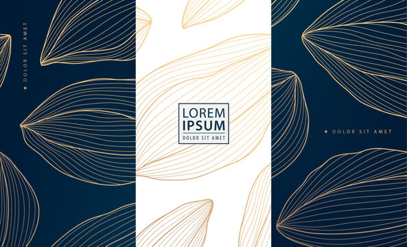 Vector set of luxury gold background, organic shapes, coffee, cacao beans pattern. Chocolate label, package.