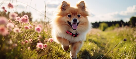 Fototapeta na wymiar A Pomeranian, a small carnivorous dog breed, is frolicking through a field of vibrant flowers under the sunny sky. The fluffy companion dog is surrounded by green grass and fluffy clouds