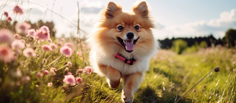 A Pomeranian, a small carnivorous dog breed, is frolicking through a field of vibrant flowers under the sunny sky. The fluffy companion dog is surrounded by green grass and fluffy clouds