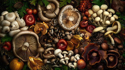 A sumptuous variety of mushrooms, including Portobellos and Shiitakes, is vividly detailed in this ultra-high-res image, celebrating their culinary versatility and natural allure.