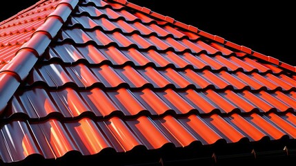 A vibrant red roof stands out against a stark black background, creating a striking visual contrast with its unique texture and color