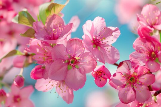 Beautiful spring natural floral background. Pink flowers of blooming sakura on a background of blue sky, close-up macro.