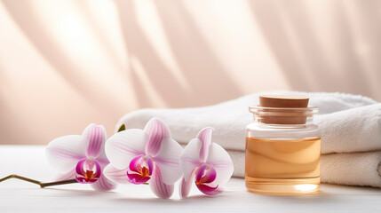 Fototapeta na wymiar Spa composition, white towel, orchid flower and a jar of aroma oil. Products for relaxation and health on a light background. Skin care