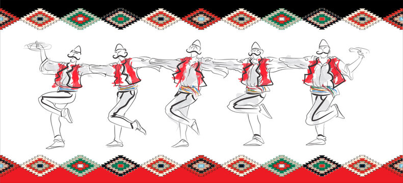 Albania, Kosovo men folk dance with traditional dress, drawing colors