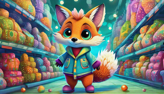 Cartoon character baby red fox shopping in the supermarket