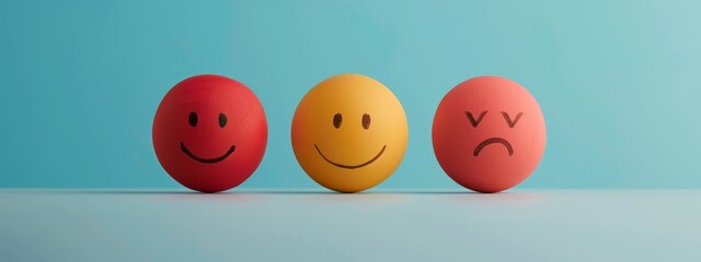 3 different smileys sad neutral happy on light blue background. Employee net promoter score concept. Natural light, illustration, minimalistic
