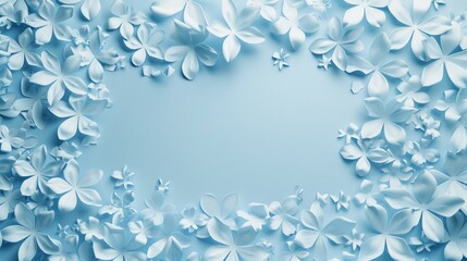 Fototapeta na wymiar Beautiful blue flowers on blue background with copy space. Papercut style.