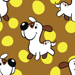 Vector seamless repeating childish pattern with cute dogs in doodle style. Animals background with dog, pets, puppy for invitation, poster, card, flyer, textile, fabric
