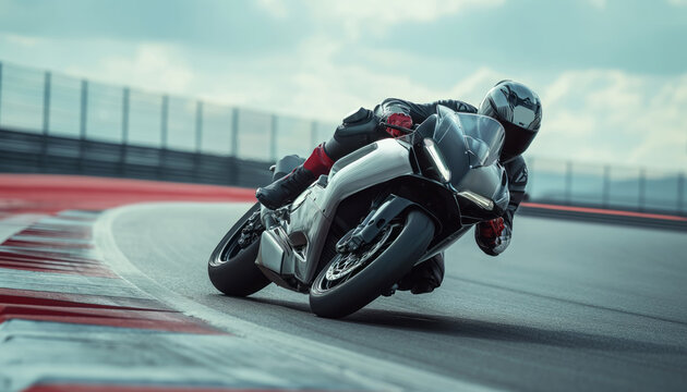 Motorbike rider in helmet  and gear racing at high speed on race track with motion blur