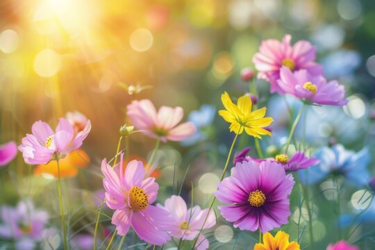 Beautiful spring summer bright natural background with colorful cosmos flowers close up.