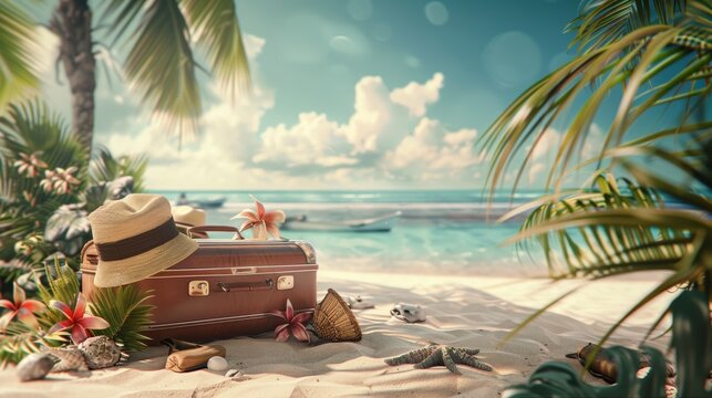Ein sch&ouml;ner Urlaub Hintergrund mit Gep&auml;ck und kleinen Reiseutensilien auf einem hellen Hintergrund