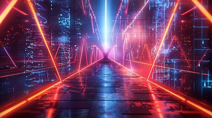 Glowing triangles, Modern virtual game space with abstract neon lines.