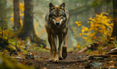 majestic lone wolf traversing a forest path or trail, Generative AI 