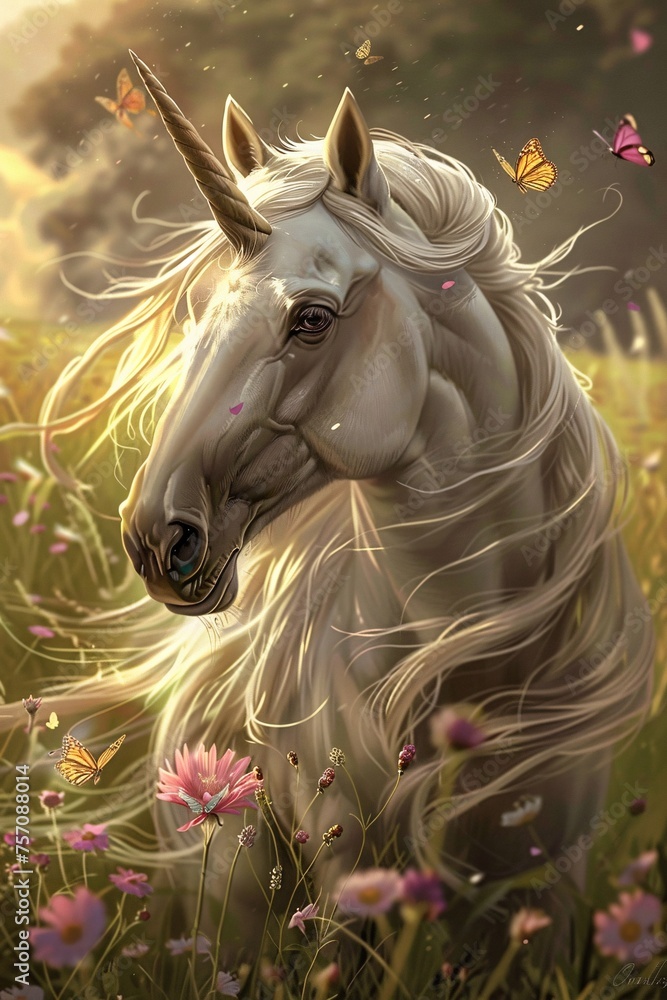 Poster unicorn in a field of flowers generative ai