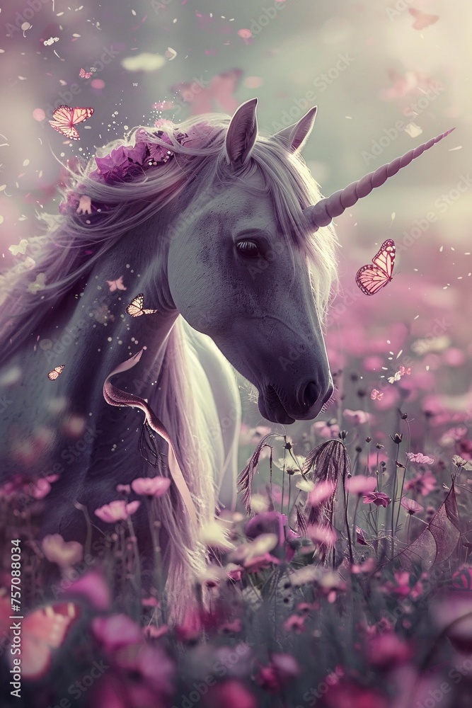 Poster unicorn in a field of flowers generative ai