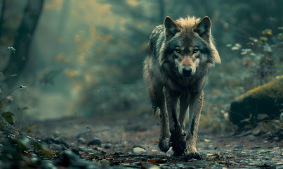 majestic lone wolf traversing a forest path or trail, Generative AI  - obrazy, fototapety, plakaty
