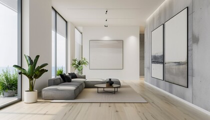 Fototapeta na wymiar Modern Living Room with Minimalist Design and Contemporary Art Generative AI