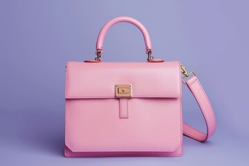 Beautiful trendy smooth women's handbag briefcase in pink color on a violet studio background.